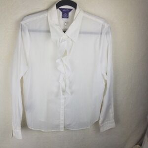 Hunt Club Ruffle Front Button Down Shirt Womens L White Cotton Long Sleeve